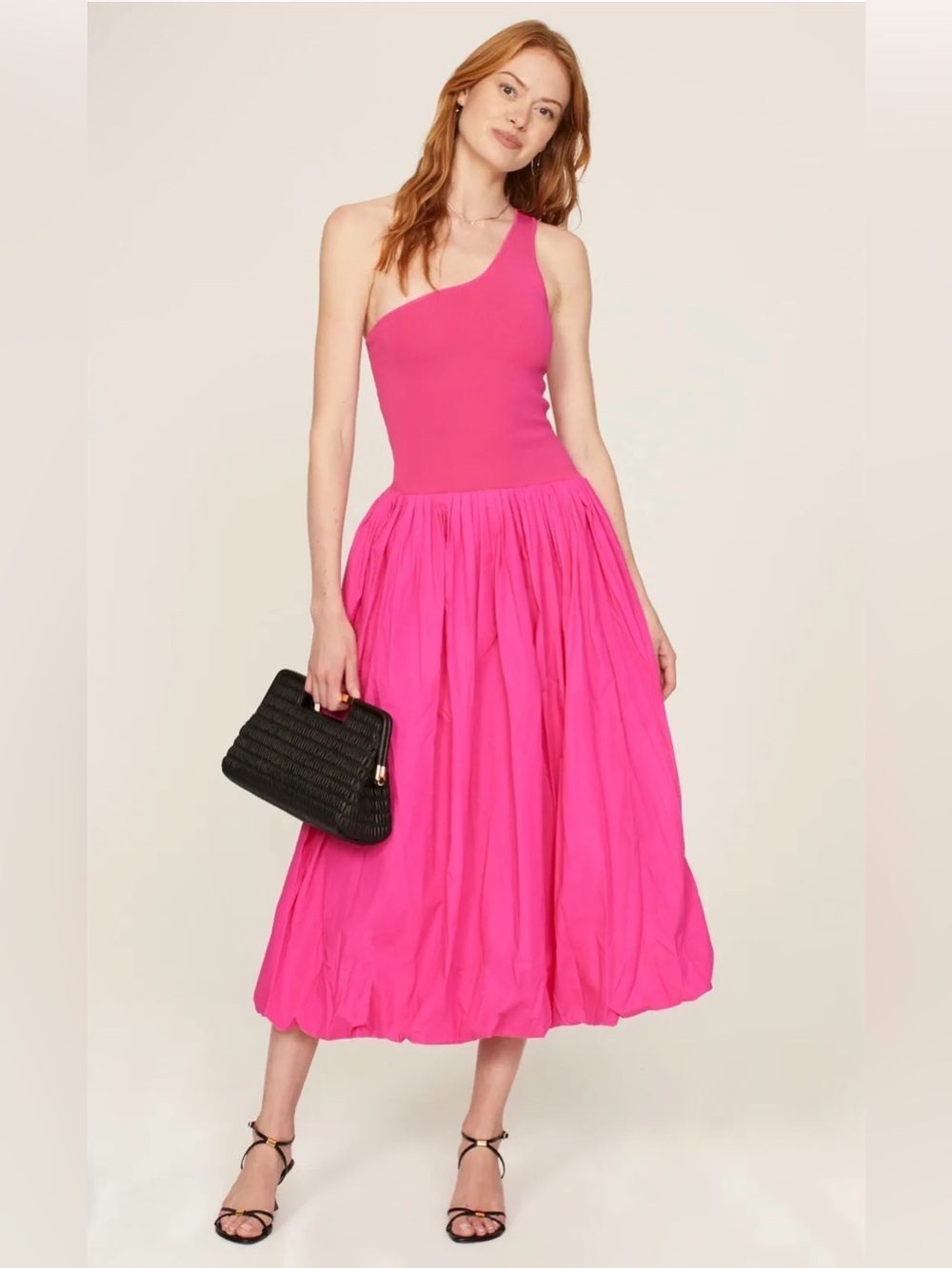 Derek Lam Pink Bubble Hem One Shoulder Midi Dress
